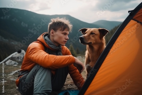 Young man is sitting with his dog by a tourist tent in the mountains. Traveling with pets concept.