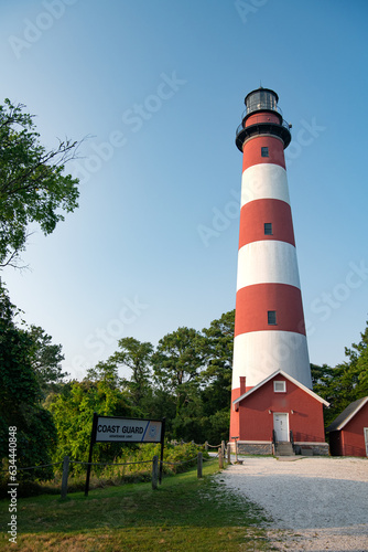 Marine Lighthouse on Chincoteague Island in Virginia. Against the background of the blue sky.