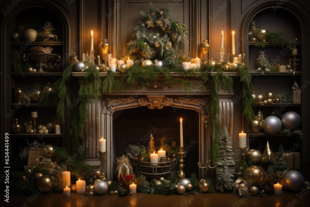 tinsel draped gracefully across a fireplace mantel fireplace with christmas decorations