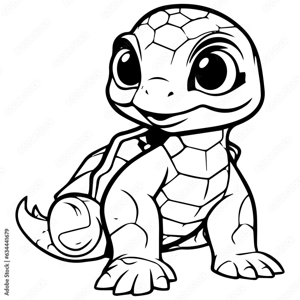 Obraz premium Black and white cute cartoon turtle. Coloring book for the children. Vector illustration
