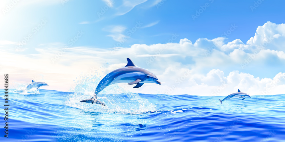 Fototapeta premium Cute wild dolphin jumping above the surface of a calm warm sea with sunlight. Concept of travelling, sea vacation and diving. Close up