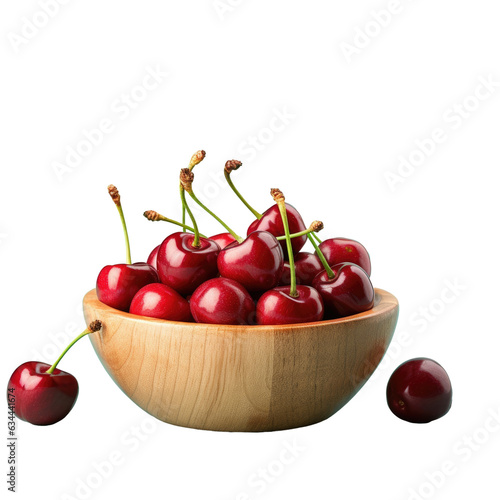 Cherries isolated on transparent background with copy space in wooden bowl