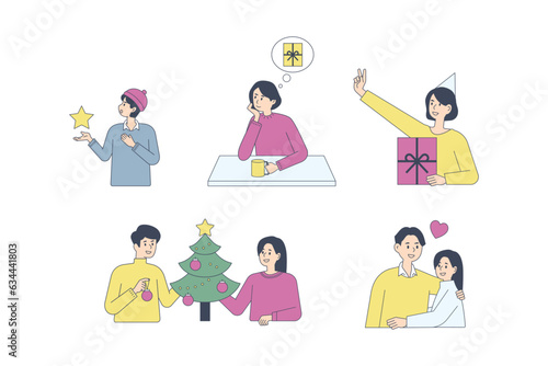 Christmas and people characters. People are decorating trees, giving gifts, and singing carols. flat design style minimal vector illustration.
