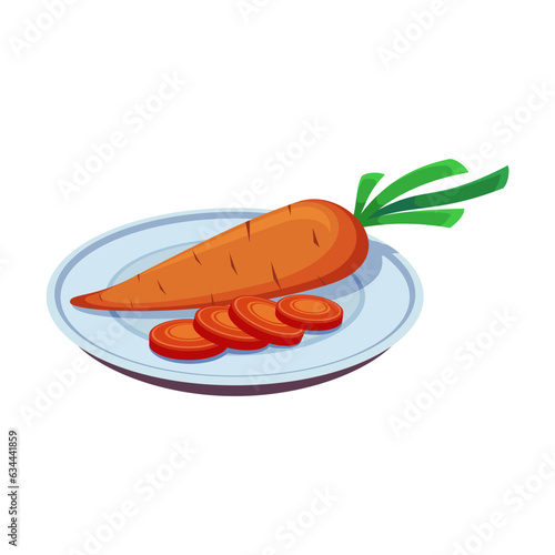 Whole carrot cut into rings on plate illustration. Cartoon drawing of carrot on white background. Healthy food concept