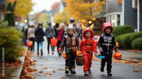 Children in costumes with treats for Halloween.
