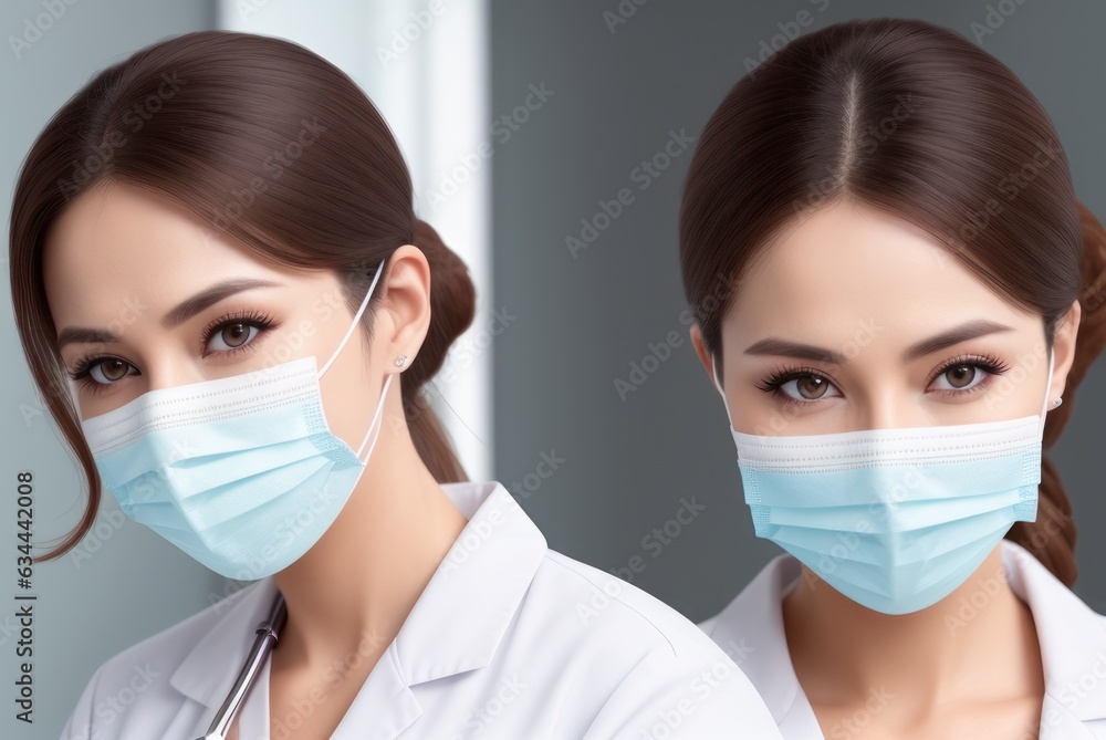 Medical nurse or Doctor and Health Care, Portrait of medical specialist in mask in Examination Room. Medicine Female Doctors Wearing Face Mask and Cap for Patients Surgery Work. Medic Hospital Medical nurse or Doctor and Health Care, Portrait of medical specialist in mask in Examination Room. Medicine Female Doctors Wearing Face Mask and Cap for Patients Surgery Work. Medic Hospital