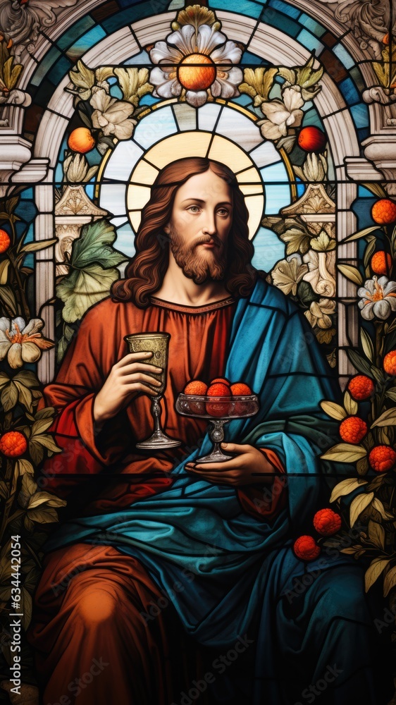 A stained glass picture of Jesus holding a wine glass. Digital image. Jesus at the wedding in Cana.