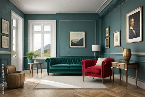 An illustration of the interior of a room in the style of Provence with a wooden nightstand next to a green vintage sofa. A mockup wall. 3D Render. © Muhammad