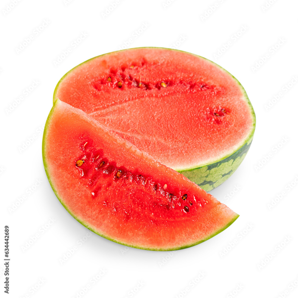 Half of pulpy sweet red watermelon edible fruit with fresh slice with seeds isolated on white background consumed raw as healthy dessert or as ingredient of mixed salads and refreshing cocktails