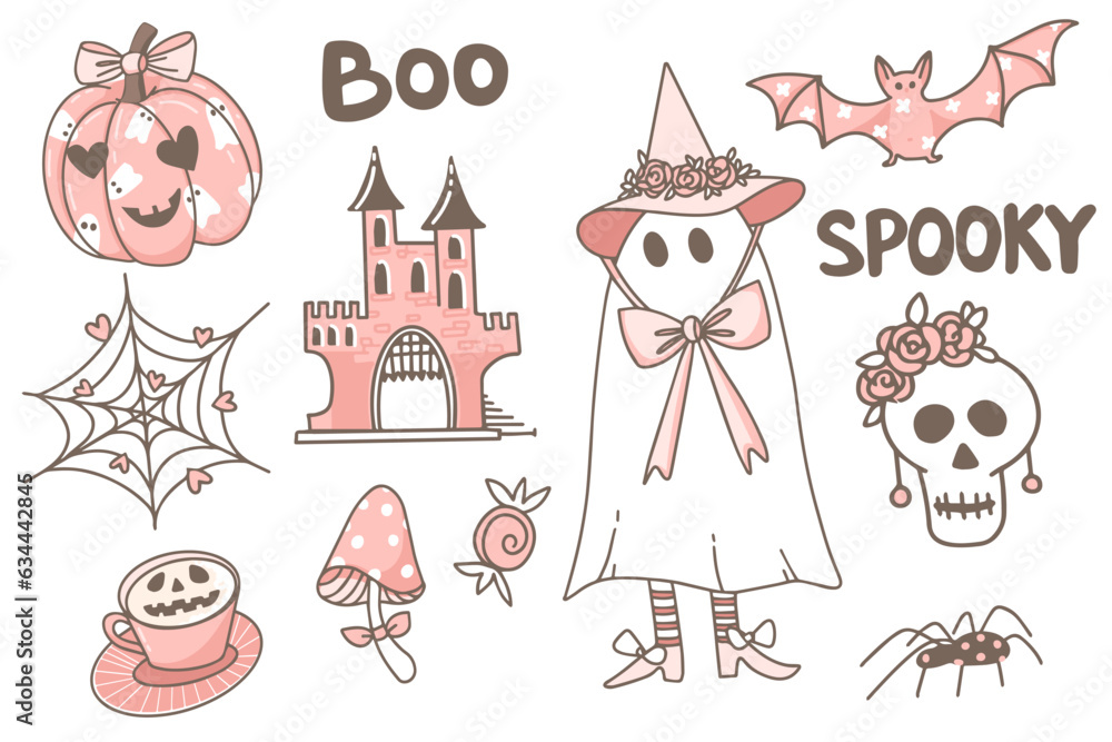 Cute pink halloween set. Creepy baby boo characters for kids.