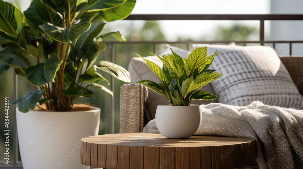 Beautiful balcony or terrace with wooden floor, chair and green potted flowers plants. Cozy relaxing area at home. Sunny stylish balcony terrace in the city Beautiful balcony or terrace with wooden floor, chair and green potted flowers plants. Cozy relaxing area at home. Sunny stylish balcony terrace in the city