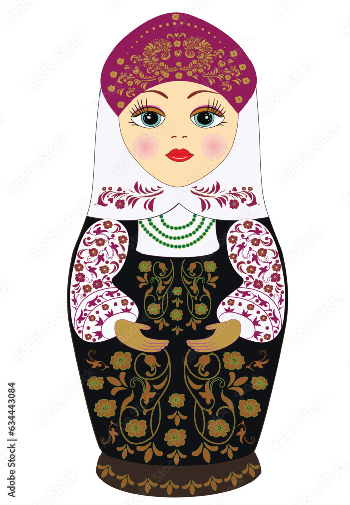 Babushka matryoshka is a Russian doll decorated with painted flowers. Folk arts and crafts. Cartoon style. Isolated on a white background. Retro Souvenir from Russia. Vector illustration