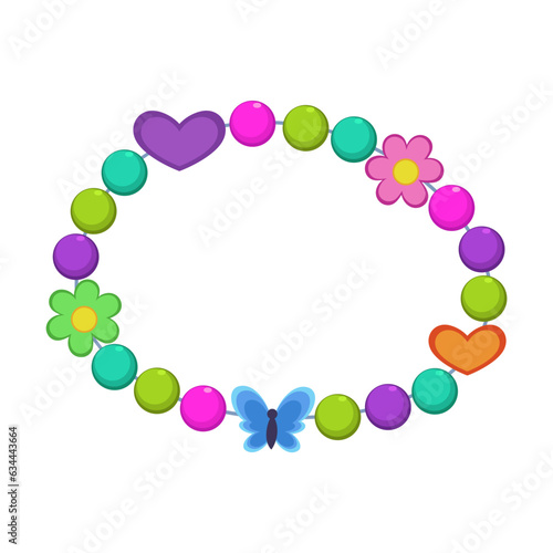 Colorful bracelet or necklace from beads on white background. Bearded jewelry for kids, accessory from plastic elements cartoon illustration. Accessories, fashion concept