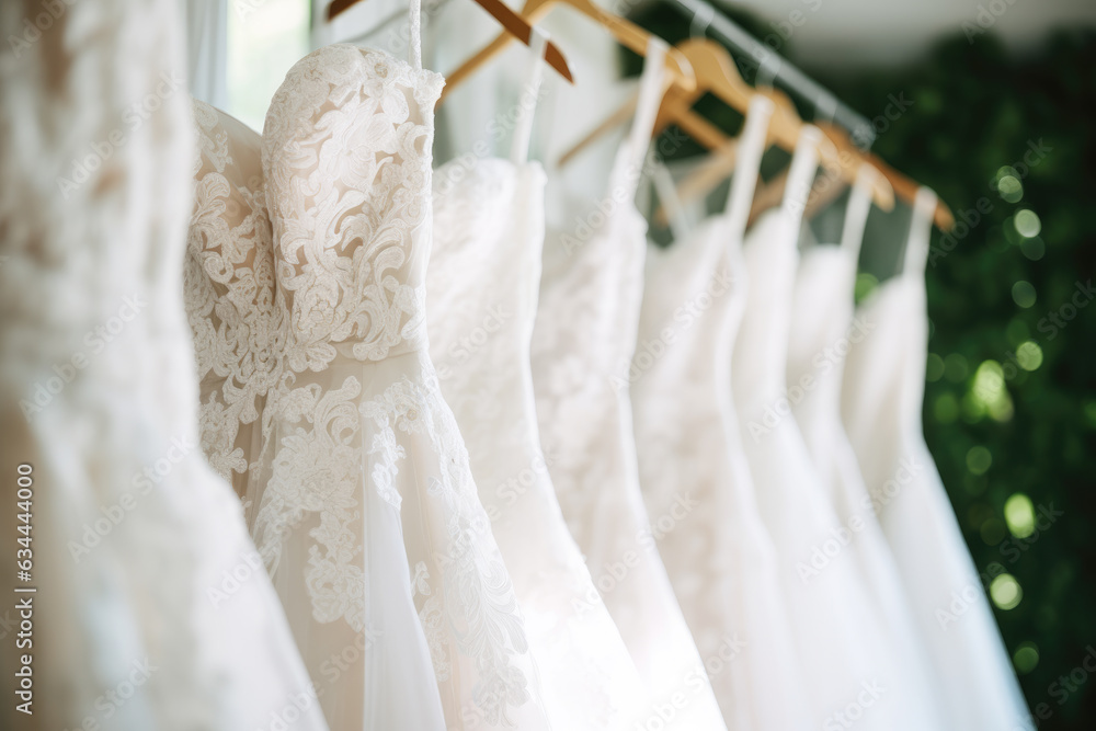 Beautiful elegant luxury bridal dress on hangers. White wedding dresses ...