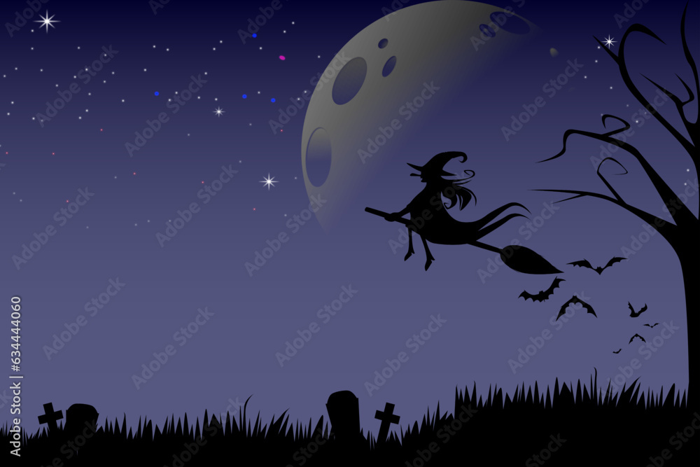 Halloween Party and the witch on deep blue sky background. Halloween symbols are an owl, pumpkin, full moon, and flying bat.