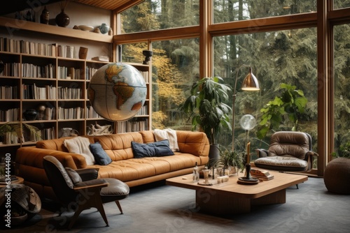 A home library with built-in bookshelves, a cozy reading nook, and a vintage globe. Generative AI © Ivy