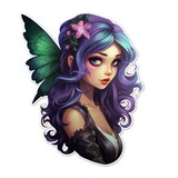 A woman with purple hair and a butterfly on her head. Digital image. Gothic fairy.