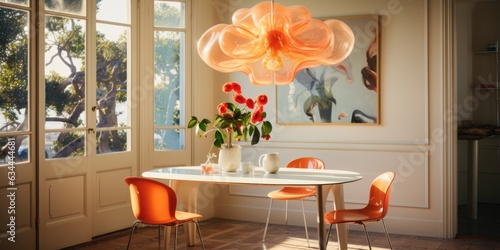 A breakfast nook with a tulip dining table, molded plastic chairs, and a retro-inspired pendant light. Generative AI
