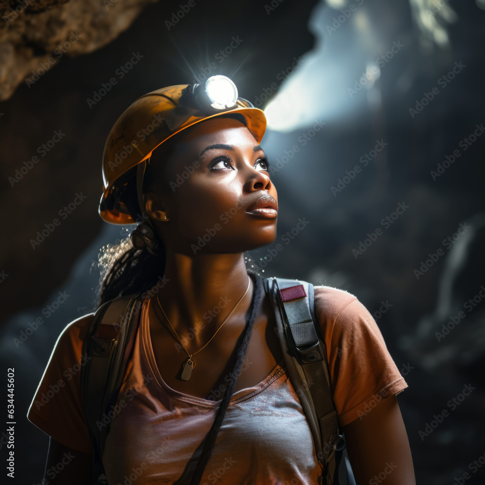 Black Woman Exploring Cave, African American Caver or Speleology Scientist Black Woman Exploring Cave, African American Caver or Speleology Scientist