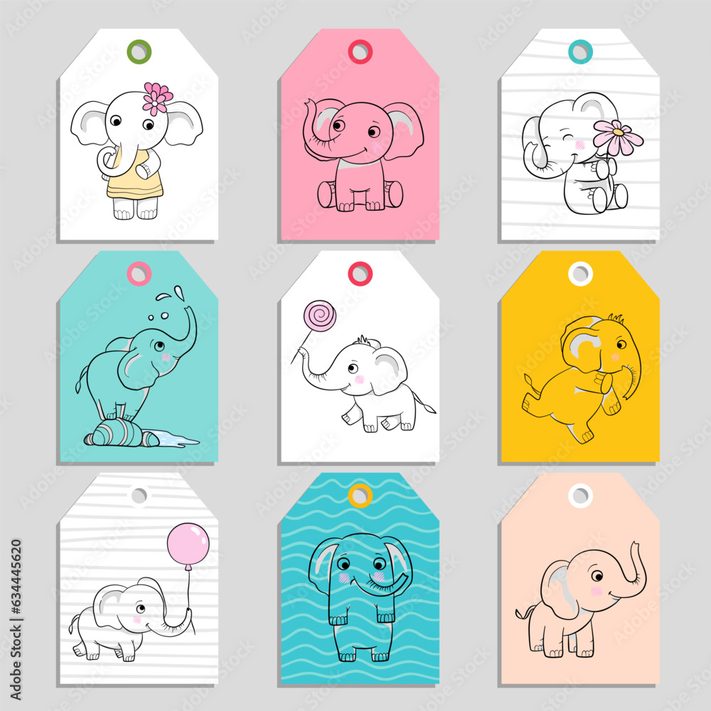 Elephant cards. cartoon funny baby elephants in action poses. vector tags templates