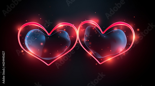 Abstract doodles of linked hearts in pink and red neon light style  depicted as a single glowing line art. Isolated on a black background  this modern minimalist concept serves as Generative AI