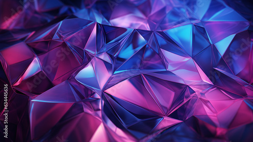 A three-dimensional rendering depicting a crystallized background in vibrant pink and blue neon hues. The composition features a polygonal mesh with a luminous glow, showcasing a f 