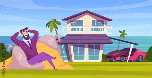Rich man. Happy businessman with self treasures big house car and money