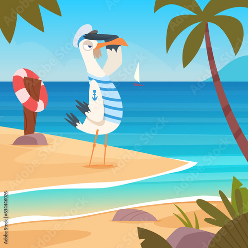 Seagull sailor. Funny cartoon bird standing and watching to sea horizon