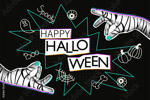 Happy Halloween halftone collage banner with mummy hands and doodles. Modern mixed media design. Spooky pop art background template. Vector illustration isolated on black