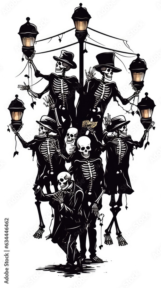 Obraz premium A group of skeletons standing around a street light. Digital image.
