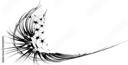 A round semi-frame made of schematic elements of pointed star-shaped and ciliated shapes. Refined, sophisticated outline. Vector.