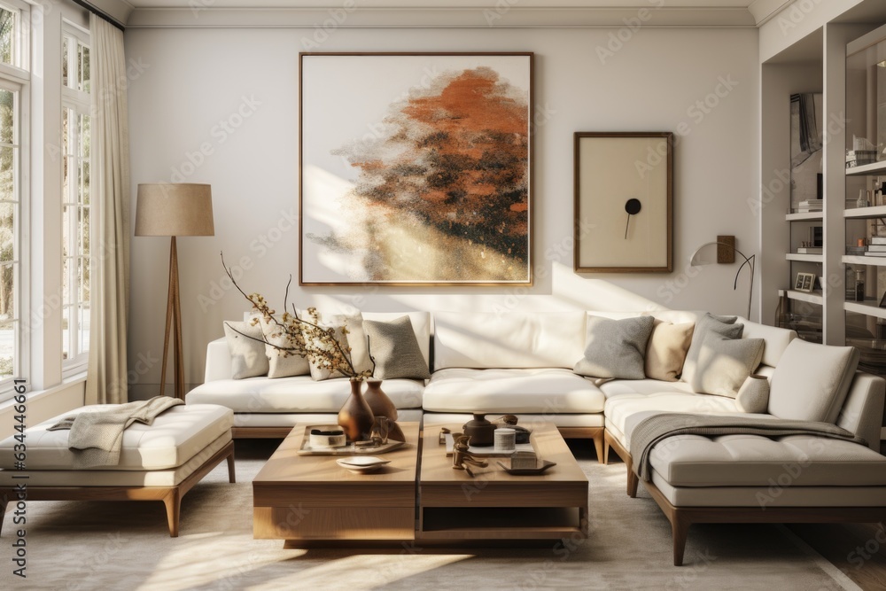 Fototapeta premium Transitional Charm: A family room blending modern and traditional elements, creating a comfortable and inviting space. Generative AI