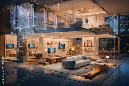 Smart Home Setup: A living room equipped with the latest smart home technology, including voice-controlled devices and automated lighting. Generative AI