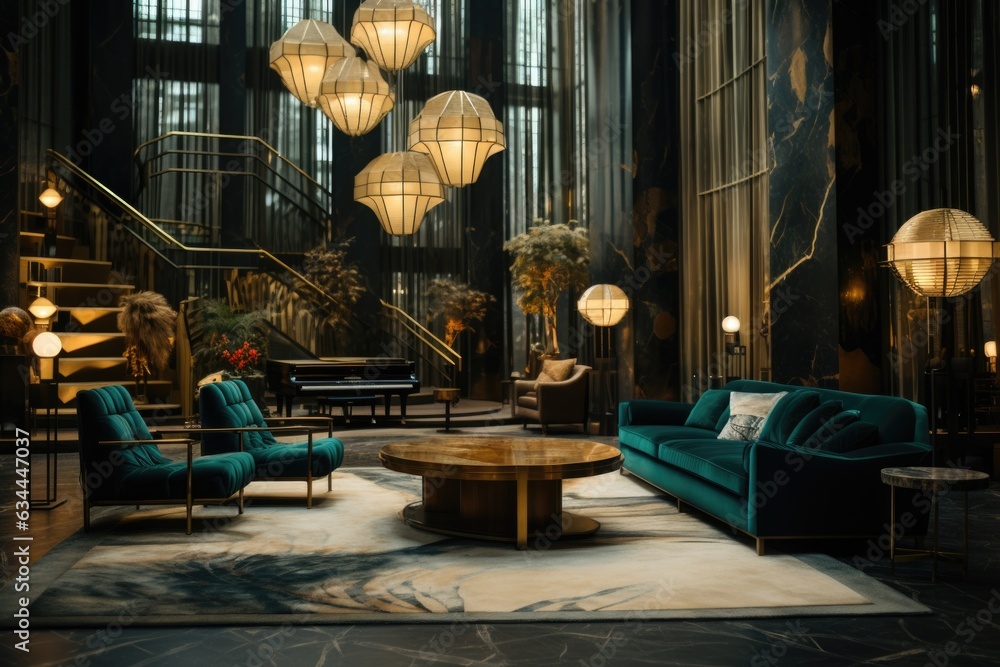 Art Deco Delight: A glamorous lounge with geometric patterns, gold accents, and luxurious velvet seating. Generative AI Art Deco Delight: A glamorous lounge with geometric patterns, gold accents, and luxurious velvet seating. Generative AI