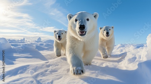 A polar bear relaxes on drift ice. Two animals are playing in the snow.