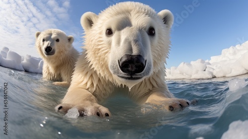 A polar bear relaxes on drift ice. Two animals are playing in the snow. © sirisakboakaew