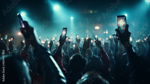 A crowd of people at a live event, concert or party holding hands and smartphones up © JKLoma
