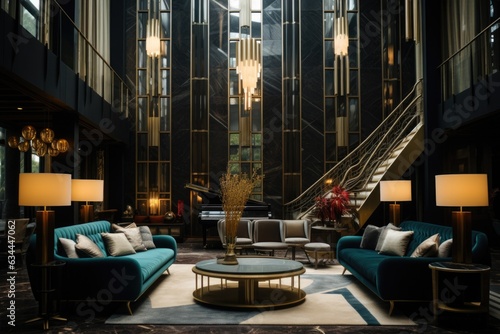 Art Deco Delight: A glamorous lounge with geometric patterns, gold accents, and luxurious velvet seating. Generative AI