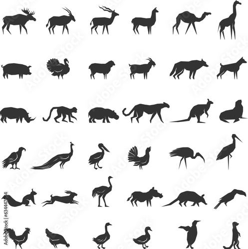 Animals. Different silhouettes of stylized wild and domestic monochrome animals recent vector pictures © ONYXprj