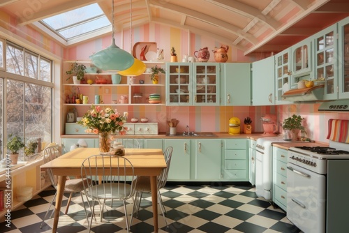 Vintage Vibes: A retro-inspired kitchen with pastel-colored appliances, checkerboard flooring, and mid-century furnishings. Generative AI