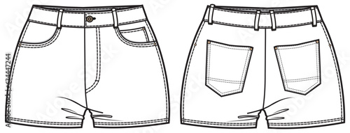 Womens Denim shorts front and back view flat sketch fashion illustration, Micro Denim shorts drawing vector template