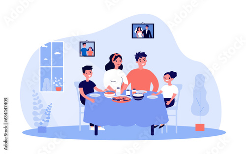 Happy family sitting at dinner table at home vector illustration. Cartoon drawing of smiling mother, father, son and daughter eating together. Family, food, togetherness, coziness concept