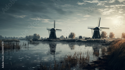 Picturesque windmills on a peaceful lake
