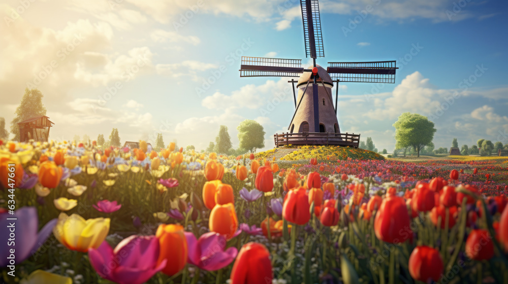 Picturesque windmills surrounded by colorful tulips