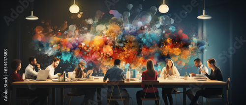 illustration colorful creative agency business brain storm meeting people with icon line presentation photo