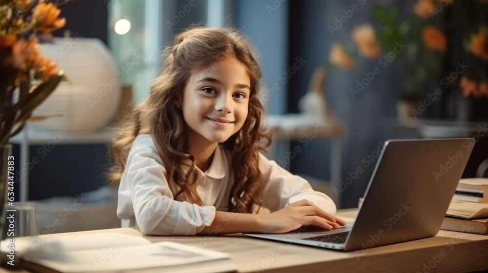 First day at school. Cute and happy little girl children using laptop computer, studying through online e-learning system. Homeschooling. First day at school. Cute and happy little girl children using laptop computer, studying through online e-learning system. Homeschooling.