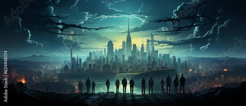 illustration teamwork of A group of people stand in front of a cityscape