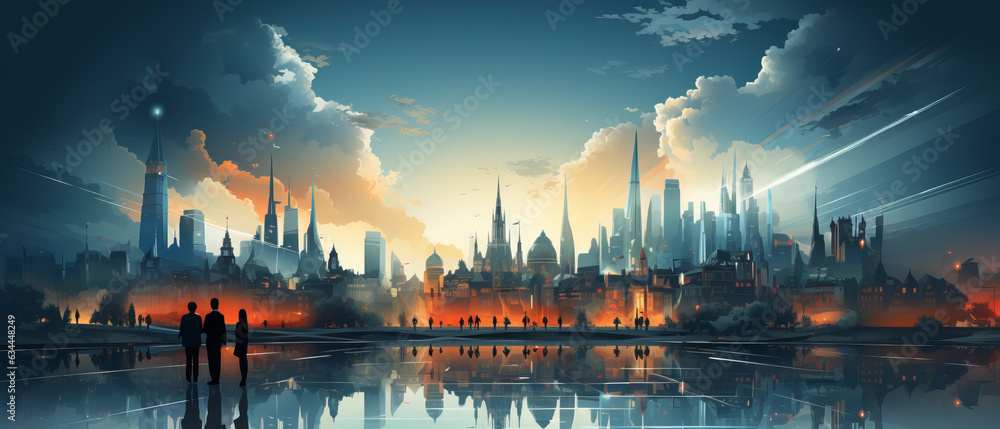 Fototapeta premium illustration teamwork of A group of people stand in front of a cityscape