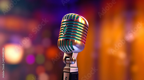 photograph of A classic musical microphone on blur colorful background.