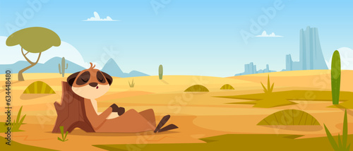 African background. Meerkats standing in tropical landscape exact vector meerkats collection